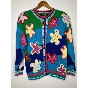 Vintage Womens Floral Knit Cardigan Sweater Vibrant Colors Funky Retro Medium